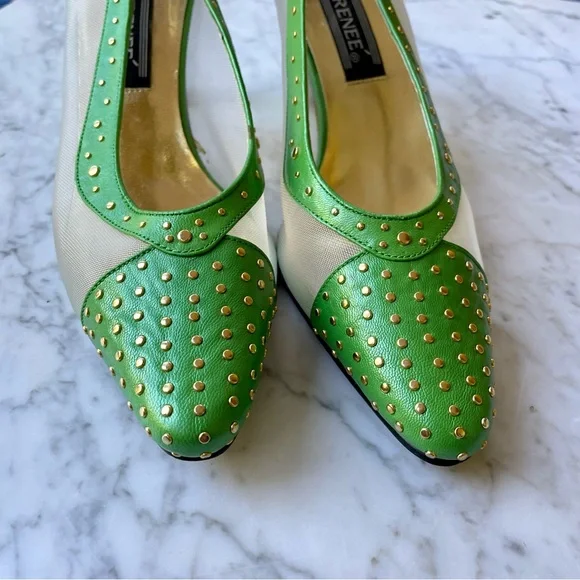 Vintage 1980s Studded Leather and Mesh Lime Green Heels - Picture 3 of 5